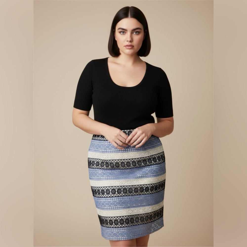 Talbots Elegant Lace Pencil Skirt - Blue, Black, and Cream